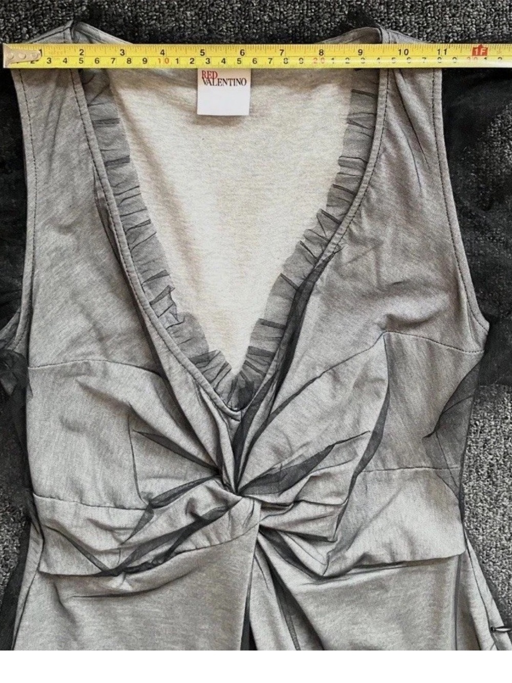 RED Valentino Grey Tulle Sleeveless Mini Dress Black Ruffle V-Neck Cotton Sz M - Picture 8 of 11